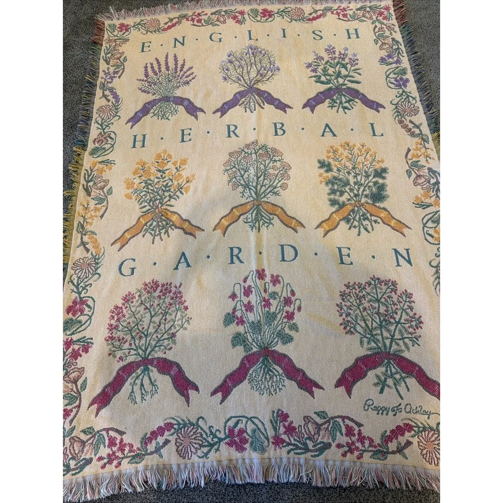 Goodwin Weavers Vintage 100% Cotton English Herbal Garden Tapestry Throw Blanket